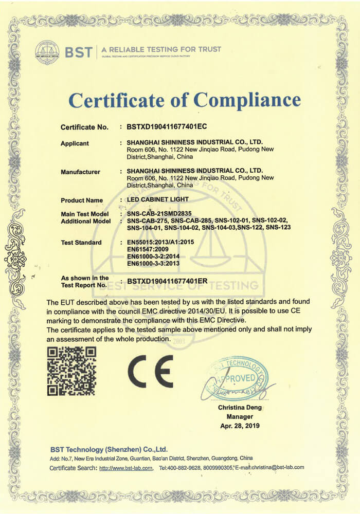 CE Certification for LED Cabinet Lamp