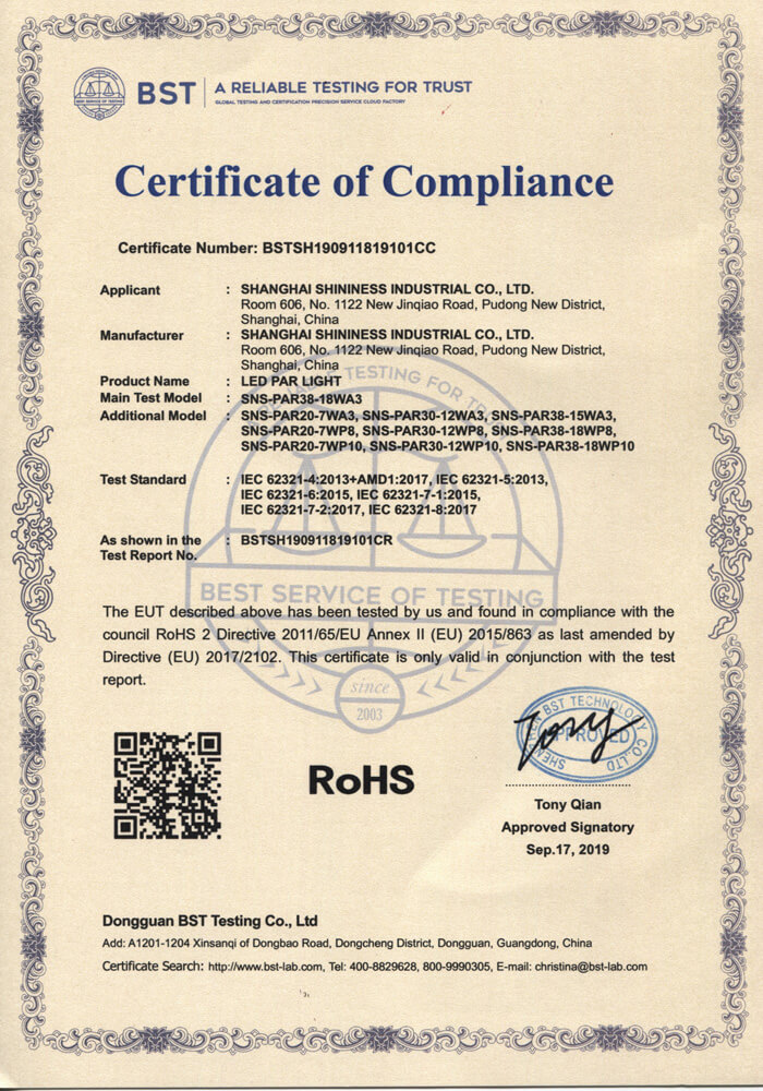 RoHS Certification for LED PAR Lamp