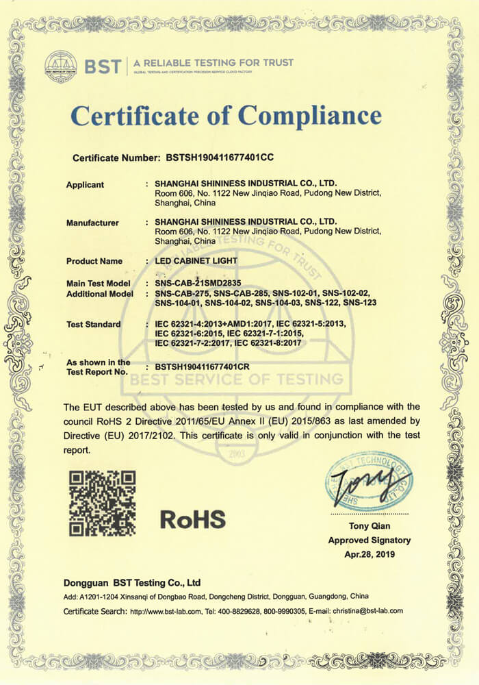 RoHS Certification for LED Cabinet Light
