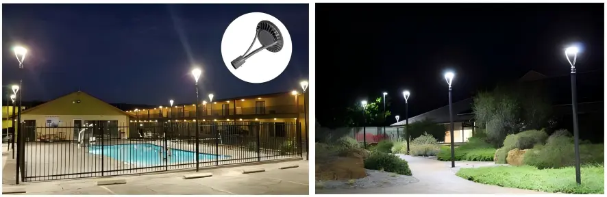 outdoor IP65 LED post top area light lighting up a park pathway at night